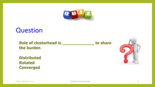 Question
Role of clusterhead is _____________ to share
the burden
Distributed
Rotated
Converged
Schedule based protocols 12Friday, 28August 2020
 