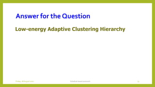 Answer for the Question
Low-energy Adaptive Clustering Hierarchy
Schedule based protocols 23Friday, 28August 2020
 