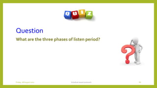 Question
What are the three phases of listen period?
Schedule based protocols 66Friday, 28August 2020
 