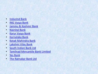 •
•
•
•
•
•
•
•
•
•
•
•

IndusInd Bank
ING Vysya Bank
Jammu & Kashmir Bank
Nainital Bank
Karur Vysya Bank
Karnataka Bank
Kotak Mahindra Bank
Lakshmi Vilas Bank
South Indian Bank Ltd
Tamilnad Mercantile Bank Limited
Yes Bank
The Ratnakar Bank Ltd

 