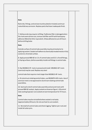Note
Rod ends,fittings,andcevisesmustbe platedortreated;andmust
notexhibitanycorrosion.Replace partsthathave inadequate finish.
7. Hollowendsmayrequire refilling.If adhesive fillerisdamagedwhen
the rivetswere drivenout,remove oldfillerandfill withhardepoxy
adhesive Metal SetA4or equivalent.Allow adhesivetocure 24 hours
before drillingholes
Note
Outside surface of control tube assemblymaybe primedpriorto
applyingsealant.Sealantwilladhere tochemicallytreatedmetal orfully
curedzinc chromate surface.
8. Applyproseal 890-B2 to I.D.of control tubesandO.D. of endfittings,
at fayingsurfaces,before assemblyInstall endfittings incontrol tube.
9. Dip MS20613-5P rivetsinproseal andinstall.MS20613-6P rivets
(oversize) maybe used.Replace anysteel
control tube that requiresrivetslargerthanMS20613-6P rivets.
a. On aluminumrotatingcontrol tubes,use MS20470-AD5 rivets. Use of
oversize rivetsisnotapprovedonaluminumrotatingcontrol tube
assemblies.
10. Seal eachendof control tube assemblyandaroundrivetswith
proseal 890-B2 sealant.Applysealantasshownonfigure 1-20control
tube sealing(typical).Cure sealant atroomtemperature for72 hours.
Note
Control tubesmaybe reinstalledwhensealantisnottacky
(approximately24hours).Do notuse heat to cure sealant.
11. Reinstall all control tubesandcheckrigging.Tightenjam-nutsand
install all cotterpins.
 