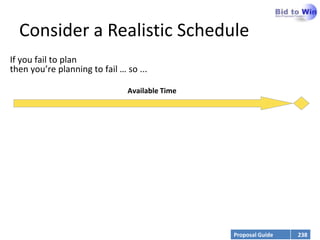 Consider a Realistic Schedule
If you fail to plan
then you’re planning to fail … so ...

                               Available Time




                                                Proposal Guide   238
 