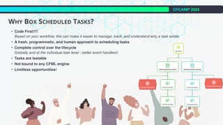 CFCAMP 2024
WHY BOX SCHEDULED TASKS?
• Code First!!!!
Based on your workflow, this can make it easier to manage, track, and understand why a task exists.
• A fresh, programmatic, and human approach to scheduling tasks
• Complete control over the lifecycle
Globally and at the individual task level - better event handlers!
• Tasks are testable
• Not bound to any CFML engine
• Limitless opportunities!
 