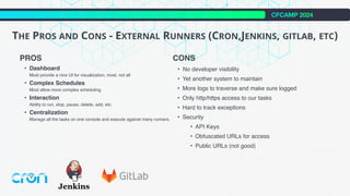 CFCAMP 2024
THE PROS AND CONS - EXTERNAL RUNNERS (CRON,JENKINS, GITLAB, ETC)
PROS
• Dashboard
Most provide a nice UI for visualization, most, not all
• Complex Schedules
Most allow more complex scheduling
• Interaction
Ability to run, stop, pause, delete, add, etc.
• Centralization
Manage all the tasks on one console and execute against many runners.
CONS
• No developer visibility
• Yet another system to maintain
• More logs to traverse and make sure logged
• Only http/https access to our tasks
• Hard to track exceptions
• Security
• API Keys
• Obfuscated URLs for access
• Public URLs (not good)
 