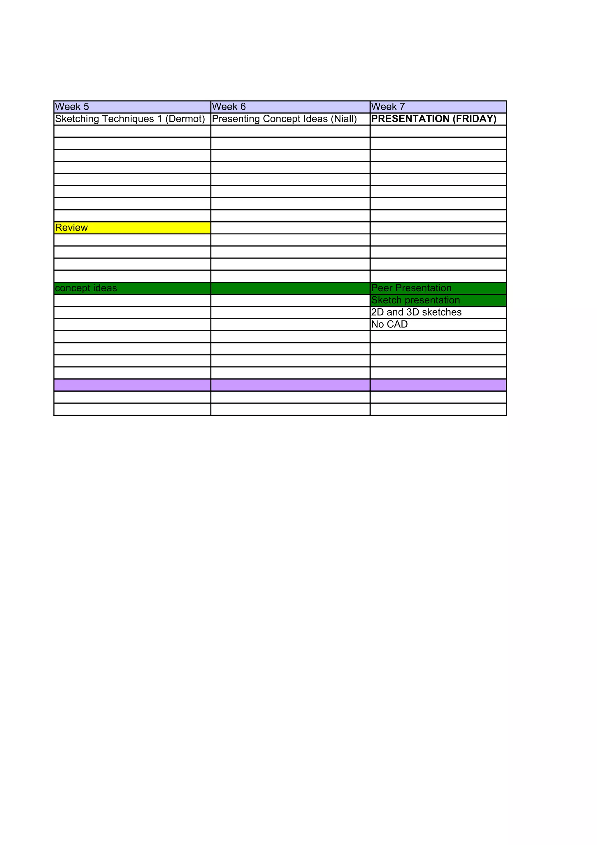 Week 5                          Week 6                             Week 7
Sketching Techniques 1 (Dermot) Presenting Concept Ideas (Niall)   PRESENTATION (FRIDAY)




Review




concept ideas                                                      Peer Presentation
                                                                   Sketch presentation
                                                                   2D and 3D sketches
                                                                   No CAD
 