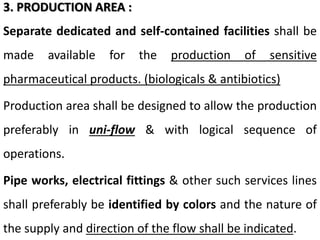 3. PRODUCTION AREA :
Separate dedicated and self-contained facilities shall be
made available for the production of sensitive
pharmaceutical products. (biologicals & antibiotics)
Production area shall be designed to allow the production
preferably in uni-flow & with logical sequence of
operations.
Pipe works, electrical fittings & other such services lines
shall preferably be identified by colors and the nature of
the supply and direction of the flow shall be indicated.
 