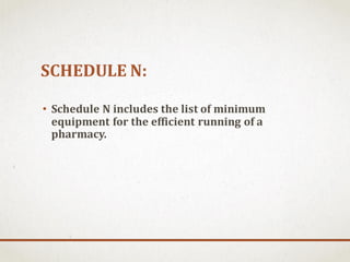 SCHEDULE N:
• Schedule N includes the list of minimum
equipment for the efficient running of a
pharmacy.
 