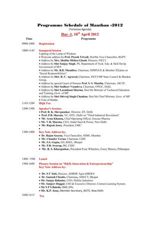 Programme Schedule of Manthan -2012
                                     (Tentative Agenda)
                               Day–1, 10th April 2012
  Time                                         Programme
0900-1000    Registration

1000-1145    Inaugural Session
             Lighting of the Lamp of Wisdom.
             • Welcome address by Prof. Piyush Trivedi, Hon'ble Vice Chancellor, RGPV
             • Address by Mrs. Shobha Mishra Ghosh, Director, FICCI.
             • Address by Shri Sanjay Singh, PS, Department of Tech. Edu. & Skill Devlp.
             Government of M.P.
             • Address by Mr. B.D. Mundhra, Chairman, SIMPLEX & Member XII plan on
             "Social Responsibilities".
             • Address by Shri. R. C. Agrawal, Chairman, FICCI MP State Council & Bhaskar
             Group.
             • Address by special Guest of Honour Prof. S. S. Mantha, Chairman, AICTE.
             • Address by Shri Sudheer Vasudeva, Chairman, ONGC, Delhi.
             • Address by Shri Laxmikant Sharma, Hon’ble Minister of Technical Education
             and Training, Govt. of MP.
             • Address by Shri Shivraj Singh Chauhan, Hon’ble Chief Minister, Govt. of MP
             • Vote of thanks.
1145-1200    High Tea
1200-1300    Speaker's Session:
             • Prof. R. K. Shevgaonkar, Director, IIT, Delhi
             • Prof. P.B. Sharma, VC, DTU, Delhi on "Third Industrial Revolution".
             • Mr. Arun Khanna, Chief Operating Officer, Emcure Pharma.
             • Mr. V.R. Sharma, CEO, Jindal Steel & Power, New Delhi
             • Mr. Rajesh Jeney, President, EMC2
             •
1300-1400    Key Note Address by:
             • Dr. Rajan Saxena, Vice Chancellor, NIMS, Mumbai
             • Mr. Chander Verma, Chairman, CIDC
             • Mr. S.S. Gupta, ED, BHEL, Bhopal
             • Mr. P.R. Swarup, DG, CIDC
             • Mr. B. S. Khargonkar, President Four Wheelers, Force Motors, Pithampur


1400- 1500   Lunch
1500-1600    Plenary Session on "R&D, Innovation & Entrepreneurship"
             Key Note Address by:

             • Dr. S C Sati, Director, ADRDE Agra (DRDO)
             • Dr. Santosh Choube, Chairman, AISECT, Bhopal
             • Mr. Sanjay Bahadur, CEO, Pidilite Industries
             • Mr. Sanjeev Duggal, CEO & Executive Director, Centum Learning System.
             • Mr S P S Bakshi, CMD, EPIL.
             • Mr. K.P. Issac, Member Secretary, AICTE, New Delhi
1600-1615    Tea
 