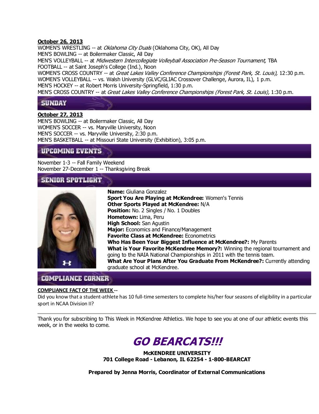 Schedule of McKendree athletic events for October 21, 2013 Schedule of McKendree athletic events for October 21, 2013