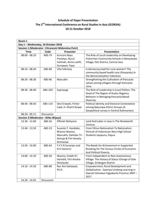 Schedule of Paper Presentation
The 2nd
International Conference on Rural Studies in Asia (ICORSIA)
10-11 October 2018
Room 1
Day 1 – Wednesday, 10 October 2018
Session 1 (Moderator : Citraresmi Widoretno Putri)
Time Code Presenter Presentation
08.00 - 08.10 ABS-79 Kuncoro Bayu
Prasetyo, Nurul
Fatimah, Asma Luthfi,
Gunawan, Fajar
The Role of Local Leadership on Developing
Fisherman Community Schools in Banyutowo
Village, Pati District, Central Java
08.10 - 08.20 ABS-68 Vita Febriany Is democracy bad for rural women? The
community based health care (Posyandu) in
the democratization Indonesia
08.20 - 08.30 ABS-96 Masrukhi Strengthening the Cultivation of Pancasila
values among villagers through Pancasila
clinic
08.30 - 08.40 ABS-103 Suprayogi The Role of Leadership in Local Politics: The
Head of The Region of Kudus Regency
Behavior in Managing Pancasila Based
Diversity
08.40 - 08.50 ABS-114 Desi Erawati, Fimier
Liadi, H. Khairil Anwar
Political Identity and Electoral Contestation
among Bakumpai Ethnic Groups (A
Geopolitical survey in Central Kalimantan)
08.50 - 09.15 Discussion
Session 2 (Moderator : Atika Wijaya)
13.30 - 13.40 ABS-26 Effendi Wahyono Land And Labor in Java in The Nineteenth
Century
13.40 - 13.50 ABS-19 Susanto T. Handoko,
Wasino Wasino,
Masrukhi, Hamdan Tri
Atmaja & Fitri Amalia
Shintasiwi
From Ethno-Nationalism To Nationalism:
Portrait of Indonesian-Ness High School
Students Jayapura, Papua
13.50 - 14.00 ABS-64 Y.Y.F.R.Sunarjan and
Erni Suharini
The Needs for Achievement in Supported
Breaking for The Vicious Circles of Economic
And Political Poverty
14.00 - 14.10 ABS-34 Wasino, Endah Sri
Hartatik, Fitri Amalia
Shintasiwi
From Independent to Non-Autonomous
Village: The History of Status Change of Selo
Village, Grobogan District
14.10 - 14.20 ABS-80 Nur Aini Setiawati,
Ph.D
Empowerment, Rural Development and
Globalization : Saemaul Undong Learning in
Daerah Istimewa Yogyakarta Province 2007 –
2017
14.20 - 14.45 Discussion
 