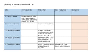 Shooting Schedule for One More Kiss
DATE PRE PRODUCTION PRODUCTION POST- PRODUCTION COMPLETED
26TH FEB – 4TH MARCH GET A NEW MUSIC TRACK
ASAP OFF MUSIC ARTIST,
INITIAL IDEAS, GET ACTORS
FOR THE TEXT SCENES.
5TH MARCH – 11TH MARCH FILMING OF TWO ACTORS.
12TH MARCH – 18TH MARCH COMPILE ALL FOOTAGE
FROM TWO PROJECTS AND
CHOOSE THE ONES THAT
FIT WITH NEW TRACK.
19TH MARCH – 25TH MARCH EDITING STAGE FOR MUSIC
VIDEO ON PREMIER PRO
AND AFTER EFFECTS.
26TH MARCH – 29TH MARCH PERFECT THE MUSIC VIDEO
AND LAST MINUTE
TOUCHES.
FINSIH ALL THE LEGAL
FORMS AND PERMISSIONS.
 