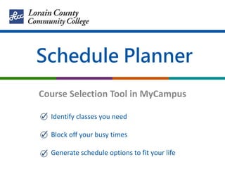 Schedule Planner
Course Selection Tool in MyCampus
Identify classes you need
Block off your busy times
Generate schedule options to fit your life
 