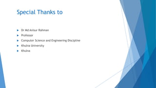 Special Thanks to
 Dr Md Anisur Rahman
 Professor
 Computer Science and Engineering Discipline
 Khulna University
 Khulna
 