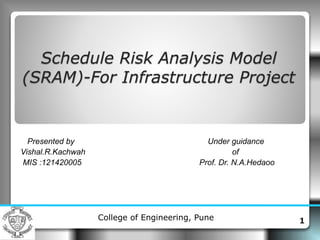 Schedule Risk Analysis Model
(SRAM)-For Infrastructure Project
Presented by Under guidance
Vishal.R.Kachwah of
MIS :121420005 Prof. Dr. N.A.Hedaoo
1College of Engineering, Pune
 