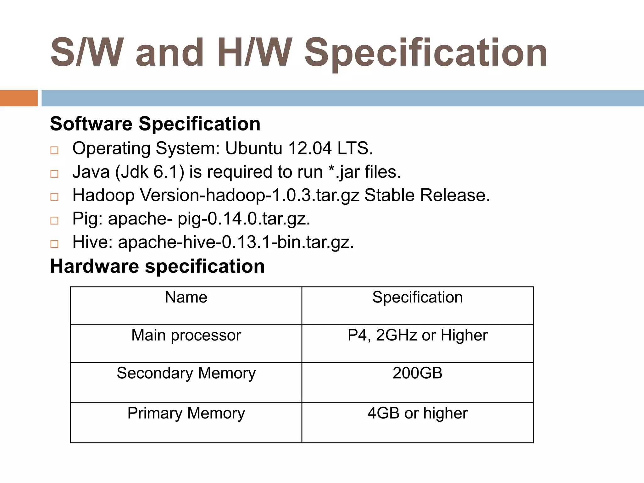 S/W and H/W Specification
Software Specification
 Operating System: Ubuntu 12.04 LTS.
 Java (Jdk 6.1) is required to run *.jar files.
 Hadoop Version-hadoop-1.0.3.tar.gz Stable Release.
 Pig: apache- pig-0.14.0.tar.gz.
 Hive: apache-hive-0.13.1-bin.tar.gz.
Hardware specification
Name Specification
Main processor P4, 2GHz or Higher
Secondary Memory 200GB
Primary Memory 4GB or higher
 