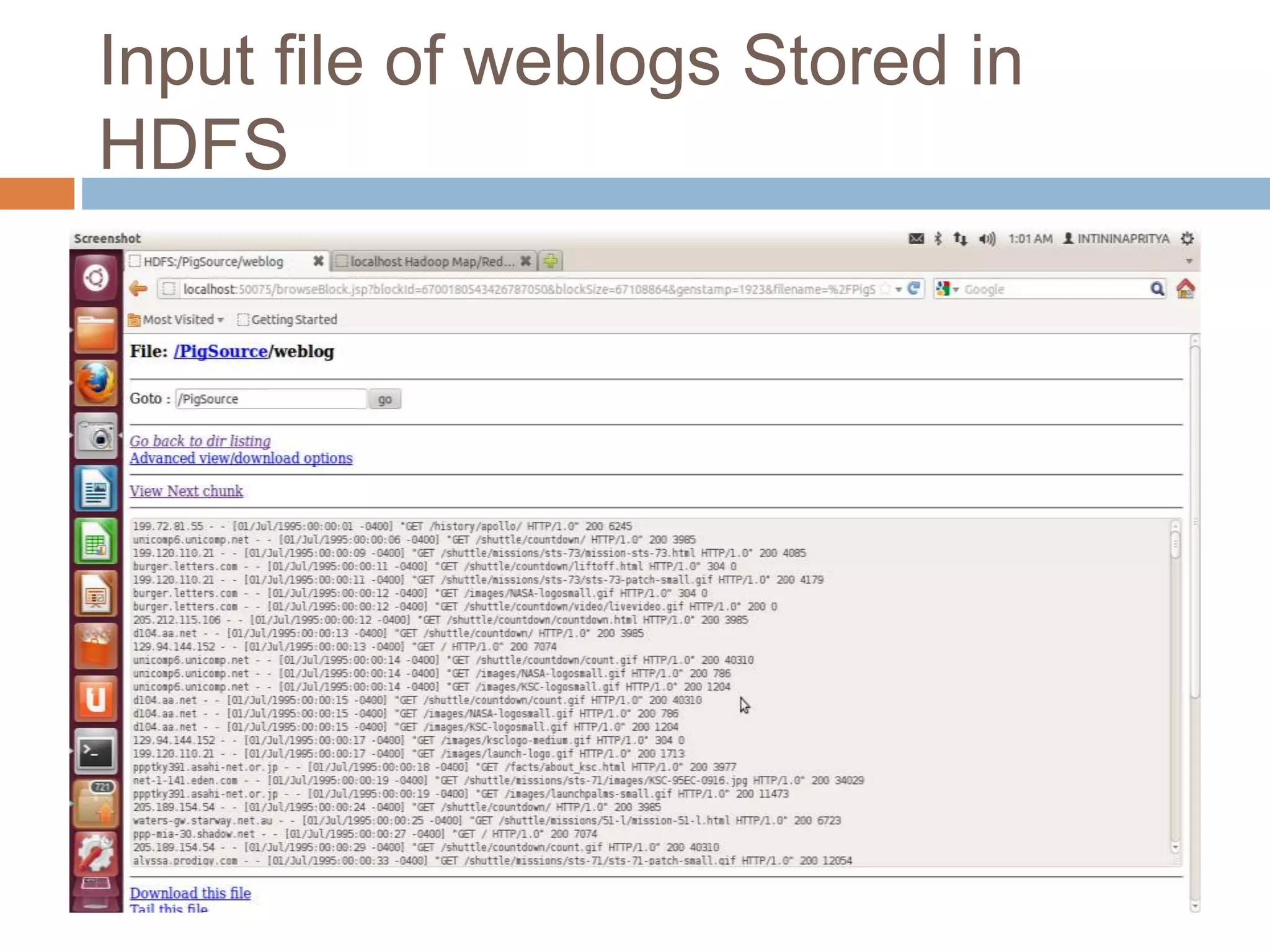 Input file of weblogs Stored in
HDFS
 