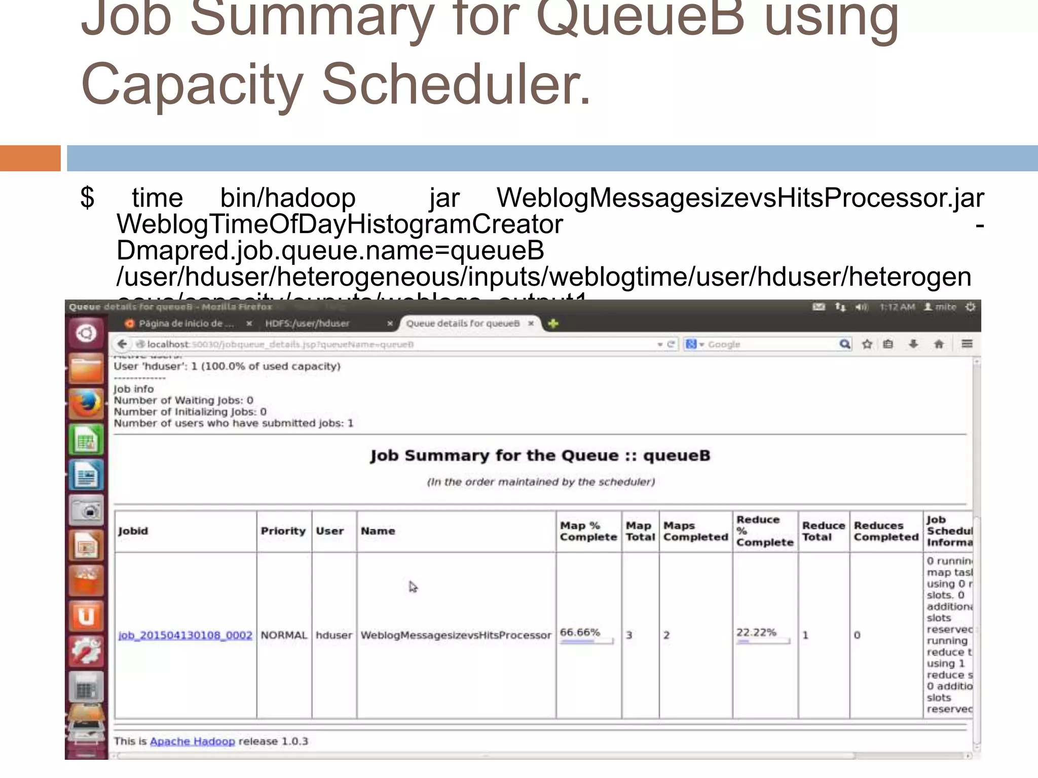 Job Summary for QueueB using
Capacity Scheduler.
$ time bin/hadoop jar WeblogMessagesizevsHitsProcessor.jar
WeblogTimeOfDayHistogramCreator -
Dmapred.job.queue.name=queueB
/user/hduser/heterogeneous/inputs/weblogtime/user/hduser/heterogen
eous/capacity/ouputs/weblogs_output1
 