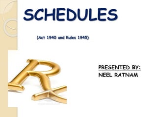 SCHEDULES
(Act 1940 and Rules 1945)
PRESENTED BY:
NEEL RATNAM
 