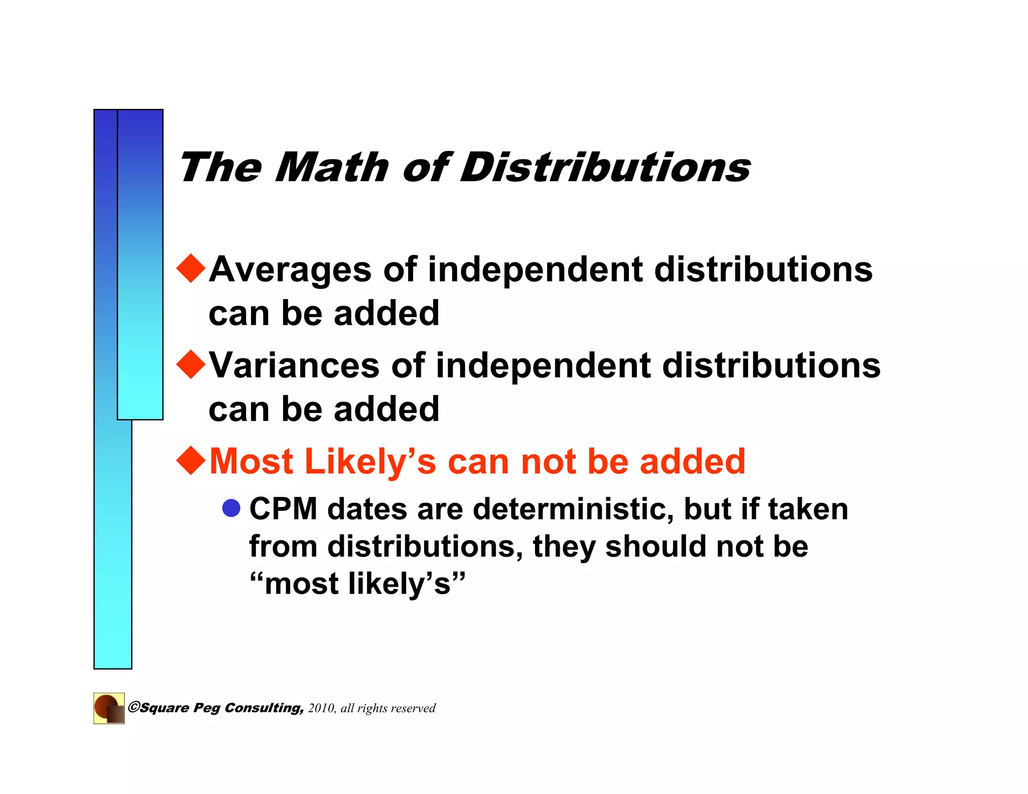 The Math of Distributions

            Averages of independent distributions
            can be added
            Variances of independent distributions
            can be added
            Most Likely’s can not be added
                   CPM dates are deterministic, but if taken
                   from distributions, they should not be
                   “most likely’s”


©Square Peg Consulting, 2010, all rights reserved
 