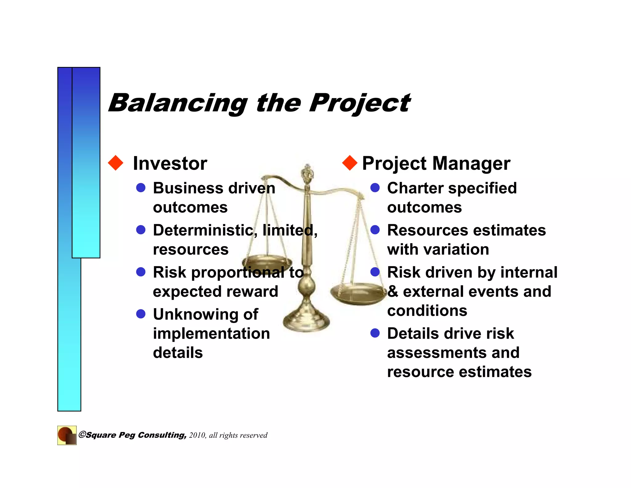 Balancing the Project

              Investor                              Project Manager
                   Business driven                    Charter specified
                   outcomes                           outcomes
                   Deterministic, limited,            Resources estimates
                   resources                          with variation
                   Risk proportional to               Risk driven by internal
                   expected reward                    & external events and
                   Unknowing of                       conditions
                   implementation                     Details drive risk
                   details                            assessments and
                                                      resource estimates


©Square Peg Consulting, 2010, all rights reserved
 