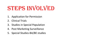 STEPS INVOlVEd 
1. Application for Permission 
2. Clinical Trials 
3. Studies in Special Population 
4. Post Marketing Surveillance 
5. Special Studies-BA/BE studies 
 