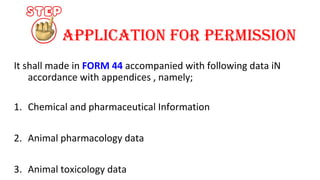 APPlIcATION fOR PERMISSION 
It shall made in FORM 44 accompanied with following data iN 
accordance with appendices , namely; 
1. Chemical and pharmaceutical Information 
2. Animal pharmacology data 
3. Animal toxicology data 
 