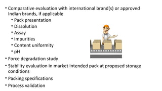 • Comparative evaluation with international brand(s) or approved 
Indian brands, if applicable 
• Pack presentation 
• Dissolution 
• Assay 
• Impurities 
• Content uniformity 
• pH 
• Force degradation study 
• Stability evaluation in market intended pack at proposed storage 
conditions 
• Packing specifications 
• Process validation 
 
