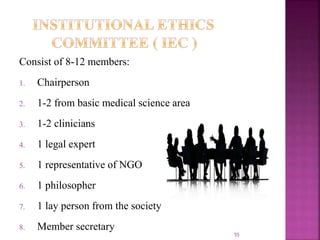 Consist of 8-12 members:
1. Chairperson
2. 1-2 from basic medical science area
3. 1-2 clinicians
4. 1 legal expert
5. 1 representative of NGO
6. 1 philosopher
7. 1 lay person from the society
8. Member secretary
55
 