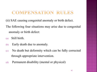 (ii) SAE causing congenital anomaly or birth defect.
The following four situations may arise due to congenital
anomaly or birth defect:
(a) Still birth.
(b) Early death due to anomaly.
(c) No death but deformity which can be fully corrected
through appropriate intervention.
(d) Permanent disability (mental or physical)
62
 