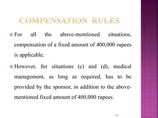  For all the above-mentioned situations,
compensation of a fixed amount of 400,000 rupees
is applicable.
 However, for situations (c) and (d), medical
management, as long as required, has to be
provided by the sponsor, in addition to the above-
mentioned fixed amount of 400,000 rupees.
63
 