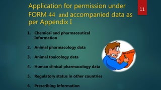 Application for permission under
FORM 44 and accompanied data as
per Appendix I
1. Chemical and pharmaceutical
Information
2. Animal pharmacology data
3. Animal toxicology data
4. Human clinical pharmacology data
5. Regulatory status in other countries
6. Prescribing Information
11
 