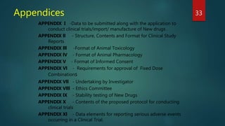 Appendices 33
APPENDIX I -Data to be submitted along with the application to
conduct clinical trials/import/ manufacture of New drugs .
APPENDIX ll - Structure, Contents and Format for Clinical Study
Reports
APPENDIX lll -Format of Animal Toxicology
APPENDIX lV - Format of Animal Pharmacology
APPENDIX V - Format of Informed Consent
APPENDIX Vl - Requirements for approval of Fixed Dose
Combinations
APPENDIX Vll - Undertaking by Investigator
APPENDIX Vlll - Ethics Committee
APPENDIX lX - Stability testing of New Drugs
APPENDIX X - Contents of the proposed protocol for conducting
clinical trials
APPENDIX Xl - Data elements for reporting serious adverse events
occurring in a Clinical Trial.
 