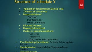 Structure of schedule Y
10
• Application for permission Clinical Trial
• Conduct of clinical trial
• Responsibilities of
Sponsor
Investigator(s),
Ethics Committee
• Informed Consent
• Phases of clinical trial
• Studies in special populations:
Geriatrics
Paediatrics
Pregnant or nursing women
• Post Marketing Surveillance- Periodic Safety Update
Reports
• Special studies: Bioavailability / Bioequivalence
Studies
 