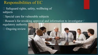 Responsibilities of EC
Safeguard rights, safety, wellbeing of
subjects
Special care for vulnerable subjects
Reason’s for revoking approval and information to investigator /
regulatory authority
Ongoing review
 