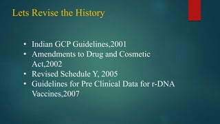 • Indian GCP Guidelines,2001
• Amendments to Drug and Cosmetic
Act,2002
• Revised Schedule Y, 2005
• Guidelines for Pre Clinical Data for r-DNA
Vaccines,2007
Lets Revise the History
 