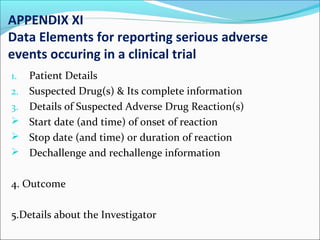 APPENDIX XI 
Data Elements for reporting serious adverse 
events occuring in a clinical trial 
1. Patient Details 
2. Suspected Drug(s) & Its complete information 
3. Details of Suspected Adverse Drug Reaction(s) 
 Start date (and time) of onset of reaction 
 Stop date (and time) or duration of reaction 
 Dechallenge and rechallenge information 
4. Outcome 
5.Details about the Investigator 
 