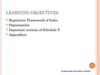 LEARNING OBJECTIVES
 Regulatory Framework of India
 Organization

 Important sections of Schedule Y

 Appendices




                                                                    2

                                     Prepared By Kamalakar Ambati
 