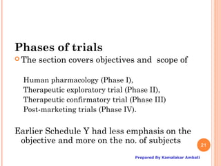Phases of trials
 The   section covers objectives and scope of

  Human pharmacology (Phase I),
  Therapeutic exploratory trial (Phase II),
  Therapeutic confirmatory trial (Phase III)
  Post-marketing trials (Phase IV).

Earlier Schedule Y had less emphasis on the
 objective and more on the no. of subjects                       21

                                  Prepared By Kamalakar Ambati
 