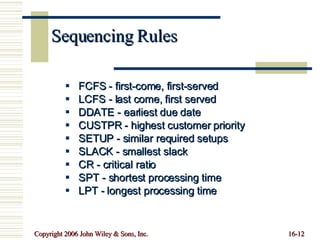 Sequencing Rules FCFS - first-come, first-served LCFS - last come, first served DDATE - earliest due date CUSTPR - highest customer priority SETUP - similar required setups SLACK - smallest slack CR - critical ratio SPT - shortest processing time LPT - longest processing time 