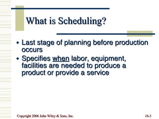 What is Scheduling? Last stage of planning before production occurs Specifies  when  labor, equipment, facilities are needed to produce a product or provide a service 