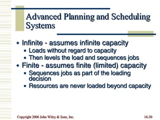 Advanced Planning and Scheduling Systems Infinite - assumes infinite capacity Loads without regard to capacity Then levels the load and sequences jobs Finite - assumes finite (limited) capacity Sequences jobs as part of the loading decision Resources are never loaded beyond capacity 
