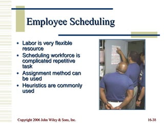 Employee Scheduling Labor is very flexible resource Scheduling workforce is complicated repetitive task Assignment method can be used Heuristics are commonly used 