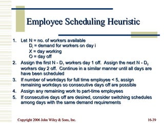 Employee Scheduling Heuristic Let  N = no. of workers available D i  = demand for workers on day i X = day working O = day off Assign the first N - D 1  workers day 1 off.  Assign the next N - D 2  workers day 2 off.  Continue in a similar manner until all days are have been scheduled If number of workdays for full time employee < 5, assign remaining workdays so consecutive days off are possible Assign any remaining work to part-time employees If consecutive days off are desired, consider switching schedules among days with the same demand requirements 