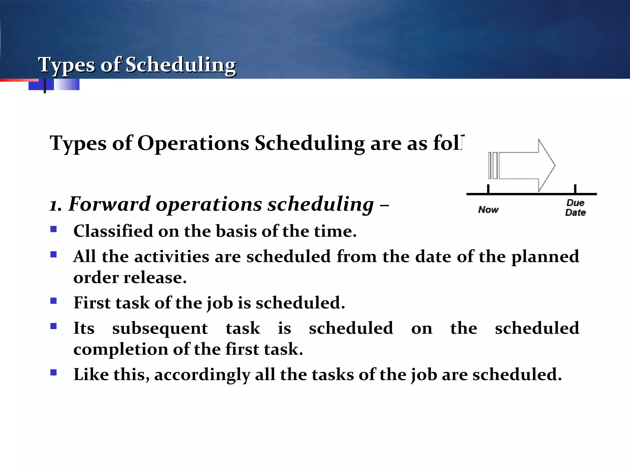 Types of SchedulingTypes of Scheduling
Types of Operations Scheduling are as follows:
1. Forward operations scheduling –
 Classified on the basis of the time.
 All the activities are scheduled from the date of the planned
order release.
 First task of the job is scheduled.
 Its subsequent task is scheduled on the scheduled
completion of the first task.
 Like this, accordingly all the tasks of the job are scheduled.
 