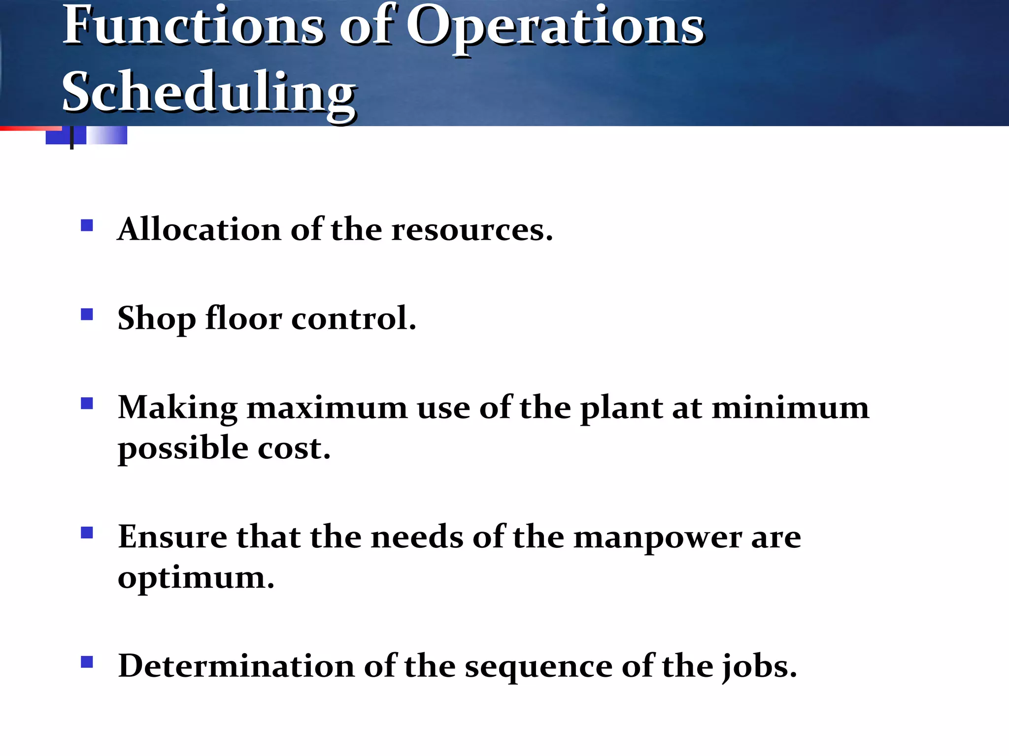 Functions of OperationsFunctions of Operations
SchedulingScheduling
 Allocation of the resources.
 Shop floor control.
 Making maximum use of the plant at minimum
possible cost.
 Ensure that the needs of the manpower are
optimum.
 Determination of the sequence of the jobs.
 