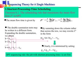 Sequencing Theory for A Single MachinesSequencing Theory for A Single Machines
1.Shortest-Processing-Time Scheduling
Theorem 8.1 The scheduling rule that minimizes the mean flow
time F’ is SPT
The mean flow time is given by ∑ ∑∑= = =
==
n
i
n
k
k
i
ik tFF nn 1 1 1
][][
' 11
 The double summation term may
be written in a different form.
Expanding the double summation,
we obtain
k=1:t[1] ;
k=2:t[1]+ t[2];
…;
k=n:t[1]+ t[2 +…t[n]
SPT sequencing rule: the job with shortest processing time t is set first
By summing down the column rather
than across the row, we may rewrite F’
in the form
nt[1]+(n-1)t[2]+…+t[n]
[1] [2] [ ]
... nt t t≤ ≤ ≤
Clearly, it is minimized by setting
 