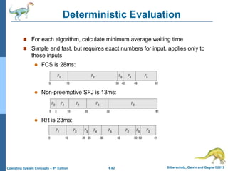 6.62 Silberschatz, Galvin and Gagne ©2013
Operating System Concepts – 9th Edition
Deterministic Evaluation
 For each algorithm, calculate minimum average waiting time
 Simple and fast, but requires exact numbers for input, applies only to
those inputs
 FCS is 28ms:
 Non-preemptive SFJ is 13ms:
 RR is 23ms:
 