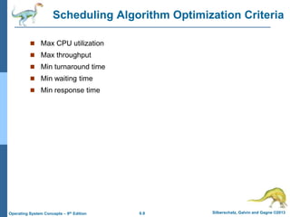 6.9 Silberschatz, Galvin and Gagne ©2013
Operating System Concepts – 9th Edition
Scheduling Algorithm Optimization Criteria
 Max CPU utilization
 Max throughput
 Min turnaround time
 Min waiting time
 Min response time
 