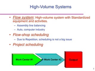 3
High-Volume Systems
• Flow system: High-volume system with Standardized
equipment and activities.
– Assembly line balancing
– Auto, computer industry
• Flow-shop scheduling
– Due to Repetition, scheduling is not a big issue
• Project scheduling
Work Center #1 Work Center #2 Output
 