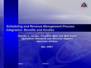 Scheduling and Revenue Management Process Integration: Benefits and Hurdles Timothy L. Jacobs, Elizabeth Hunt and Matt Korol Operations Research and Decision Support American Airlines May 2001 